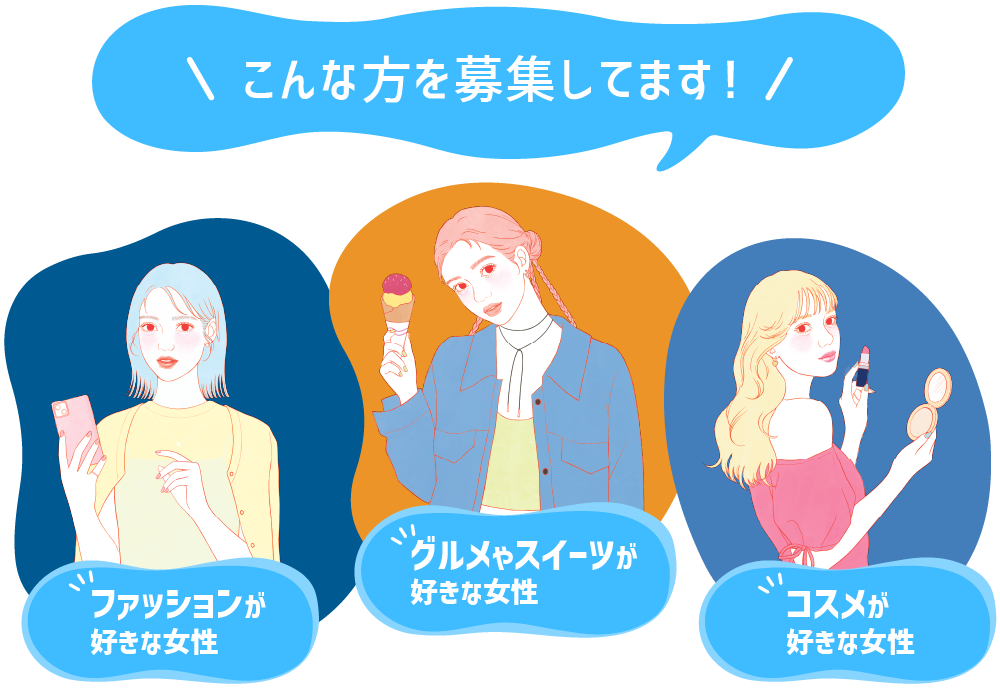 こんな方を募集してます！　ファッションが好きな女性　グルメやスイーツが好きな女性　コスメが好きな女性