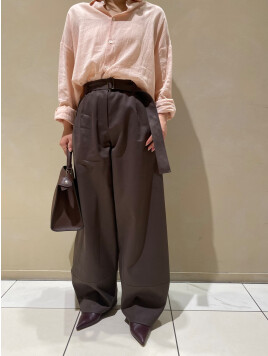 コットンポリエステルビンテージギャバジン ベルトワイドパンツ