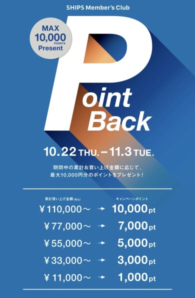 最大10,000ポイントをプレゼント！ SHIPS Member’s Club 会員様限定「ポイントバックキャンペーン」開催！