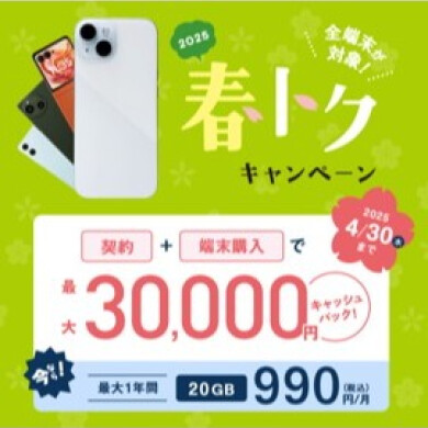 【春トク】最大30,000円キャッシュバック！